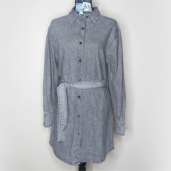 AVEC LES FILLES Denim Button Up Shirt Dress Belted Collared Gray Acid Wash Sz S - Picture 10 of 11